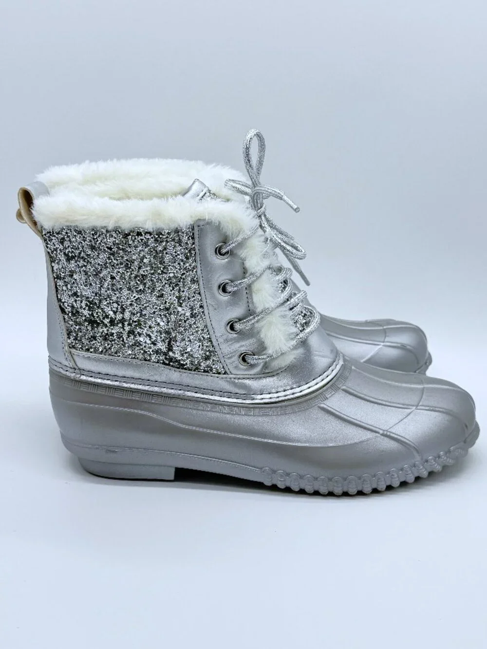 Women's Silver Glitter Duck Boots Faux Fur Coquette Y2K Snowcore Sz 8 3962